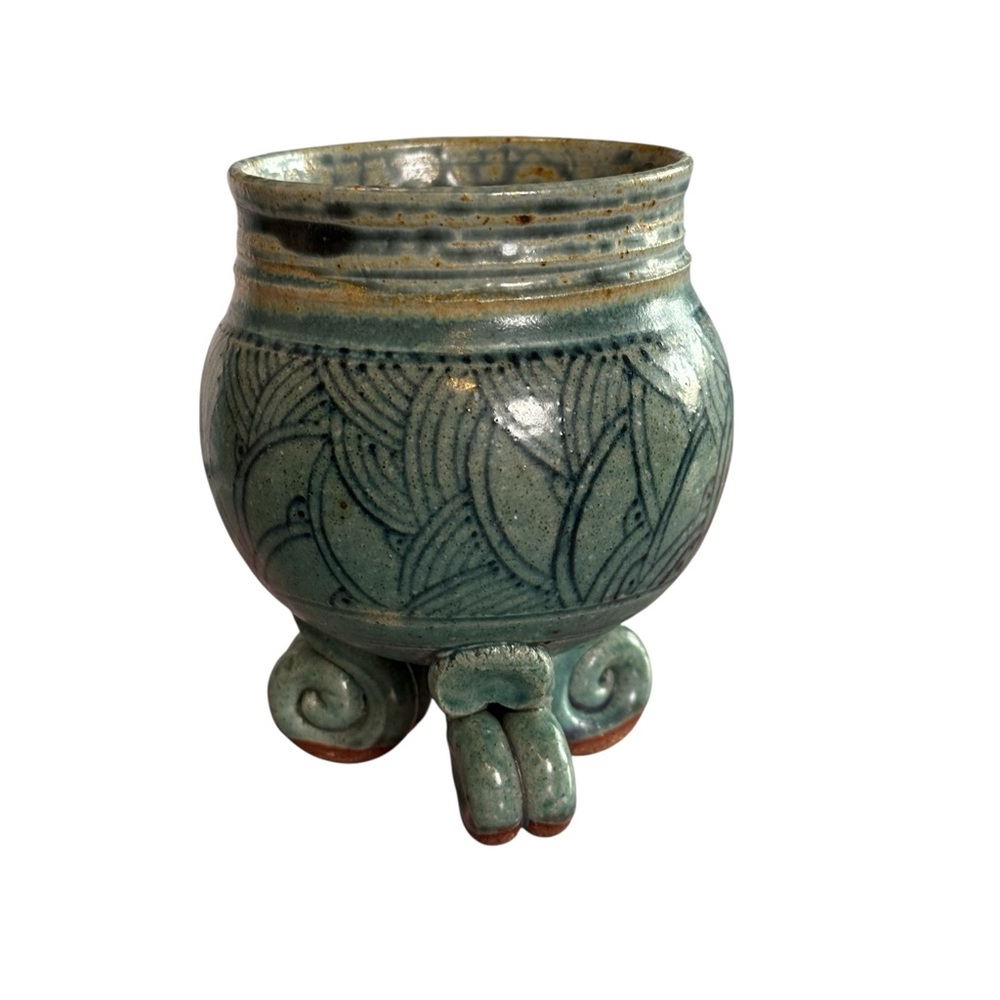 Ceramic Three Legged Container Blue Green Swirl